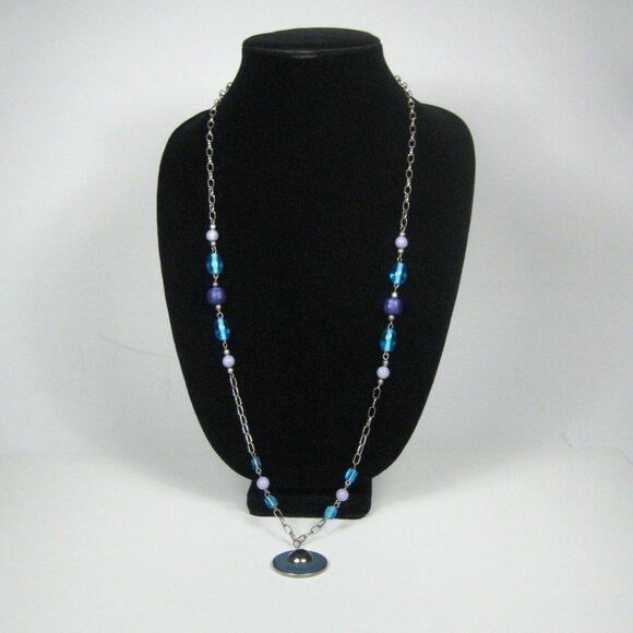 Necklace 32 In Silvetone Chain Pendant Strand Glass Beaded Blue Jewelry Women - Picture 6 of 10